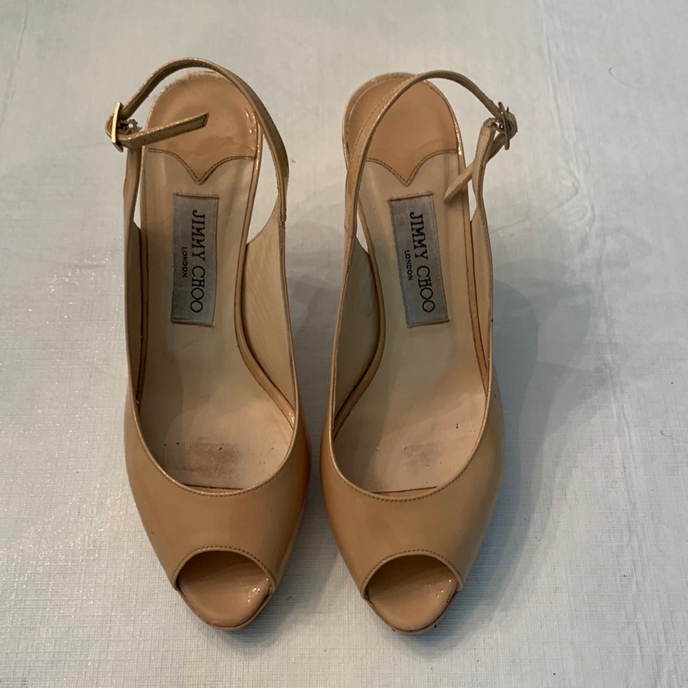 Jimmy Choo patent leather nude sling backs